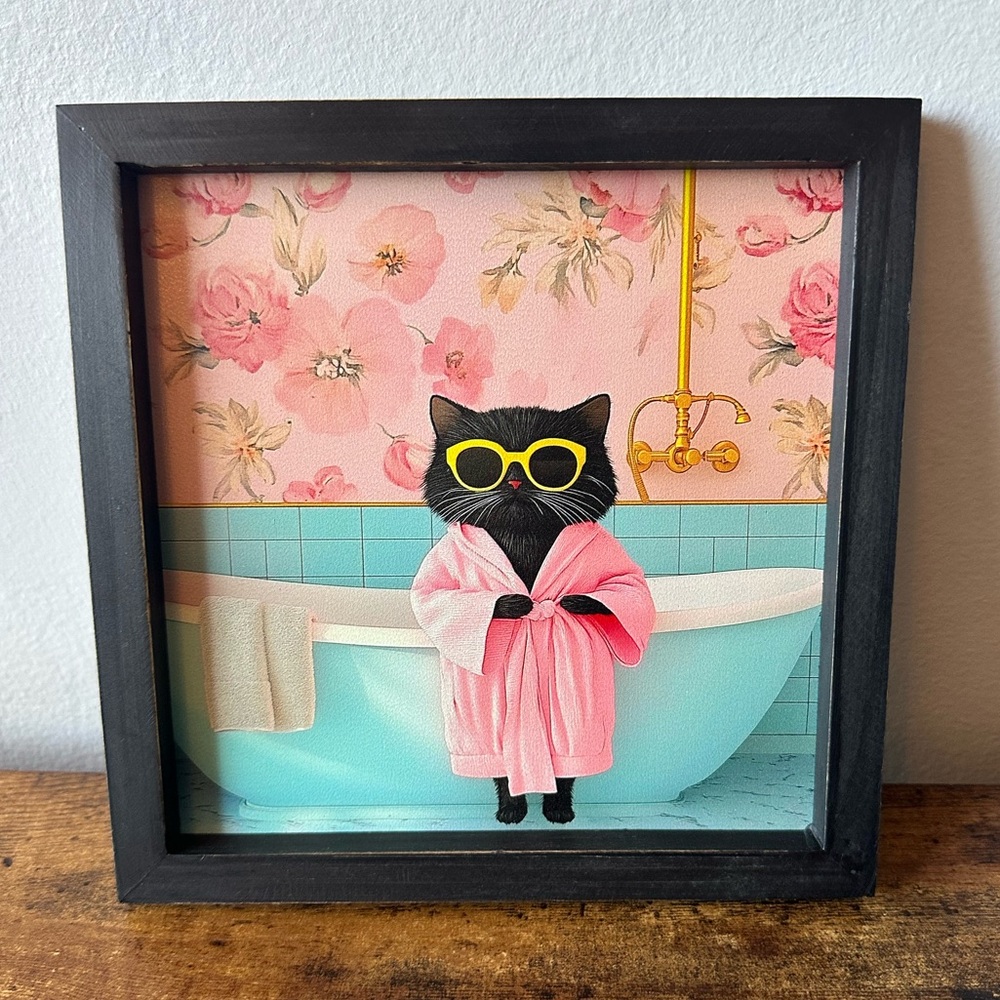 Framed Wooden Black Cat Art in Pink Robe with Bathtub Wall Decor 8x8” NWT - Picture 3 of 7